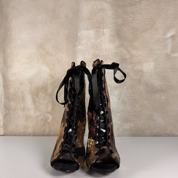 Sequin Camouflage Lace-Up Peep-Toe Ankle Boots With Side Zipper 8 - Picture 4 of 13